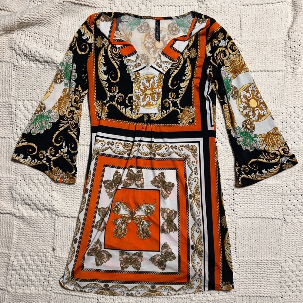 White Mark Long Sleeve Mini Dress Maximalist Paisley Butterflies